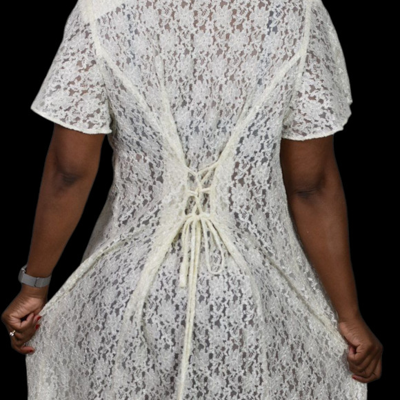 Vintage Lace Midi Dress White Ivory Button Front 80s Sheer Corset Lacing Medium - Picture 5 of 16